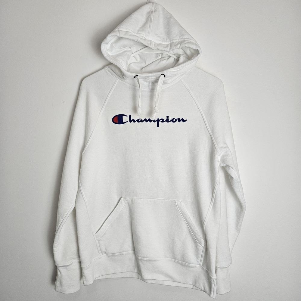 Champions Womens Size M Hoodie Sweatshirt Spellout Kangaroo Pocket White READ